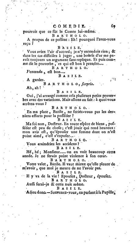 Barbier de Séville, ou la Précaution inutile (Le), comédie en quatre actes, par M. de Beaumarchais, représentée sur le théâtre de la Comédie Française le 23 février 1775 (avec une Lettre modérée sur la chute et la critique du Barbier de Séville)