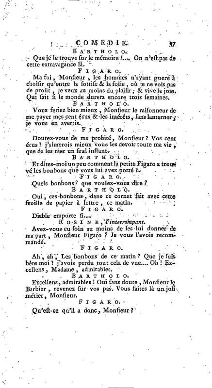 Barbier de Séville, ou la Précaution inutile (Le), comédie en quatre actes, par M. de Beaumarchais, représentée sur le théâtre de la Comédie Française le 23 février 1775 (avec une Lettre modérée sur la chute et la critique du Barbier de Séville)