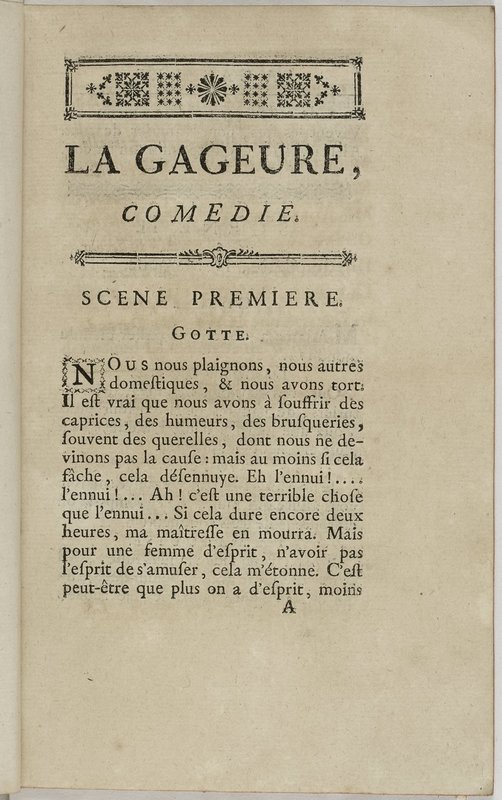 Gageure imprévue (La), comédie en prose et en un acte… par M. Sedaine. [Paris, les Comédiens français, 27 mai 1768]