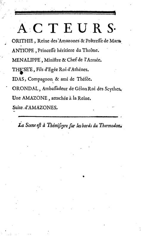 Amazones (Les), tragédie en cinq actes, par madame du Boccage, représentée par les Comédiens ordinaires du Roy, aux mois de juillet et d'août 1749 Amazones (Les), tragédie en cinq actes, par madame du Boccage, représentée par les Comédiens ordinaires du Roy, aux mois de juillet et d'août 1749