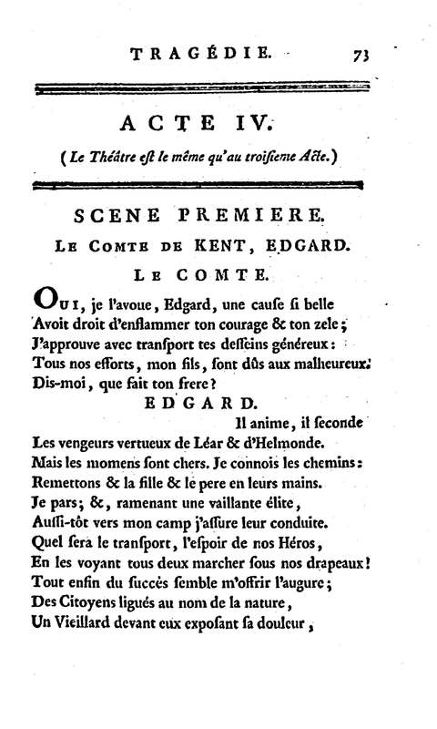 Roi Lear (Le), tragédie en cinq actes, par M. Ducis, représentée à Versailles le 16 janvier 1783 ; et à Paris, le 26 du même mois, par les Comédiens français Roi Lear (Le), tragédie en cinq actes, par M. Ducis, représentée à Versailles le 16 janvier 1783 ; et à Paris, le 26 du même mois, par les Comédiens français