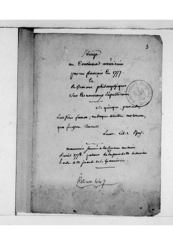 Voyage au continent américain par un Français en 1777, et Réflexions philosophiques sur ces nouveaux républicains Voyage au continent américain par un Français en 1777, et Réflexions philosophiques sur ces nouveaux républicains