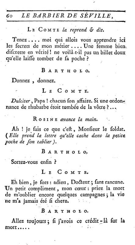 Barbier de Séville, ou la Précaution inutile (Le), comédie en quatre actes, par M. de Beaumarchais, représentée sur le théâtre de la Comédie Française le 23 février 1775 (avec une Lettre modérée sur la chute et la critique du Barbier de Séville)