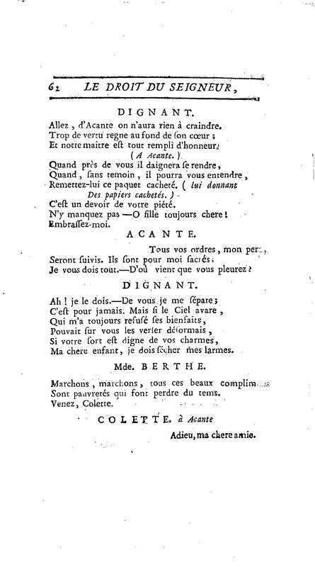 Droit du Seigneur (Le),comédie en vers par M. de Voltaire. Représentée pour la première fois, sous le titre de L'Écueil du sage, par les Comédiens françois ordinaires du Roi, le 18 janvier 1762,