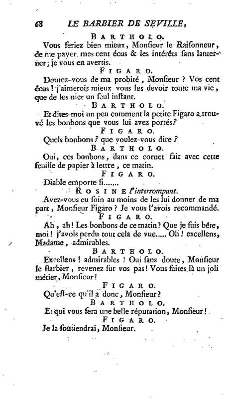 Barbier de Séville, ou la Précaution inutile (Le ), comédie en quatre actes, par M. de Beaumarchais, représentée sur le théâtre de la Comédie Française le 23 février 1775 (avec une Lettre modérée sur la chute et la critique du Barbier de Séville)