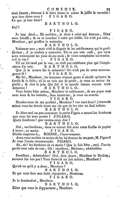 Barbier de Séville, ou la Précaution inutile (Le), comédie en quatre actes, par M. de Beaumarchais, représentée sur le théâtre de la Comédie Française le 23 février 1775 (avec une Lettre modérée sur la chute et la critique du Barbier de Séville)