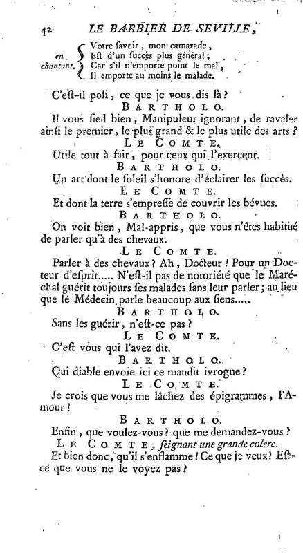 Barbier de Séville, ou la Précaution inutile (Le ), comédie en quatre actes, par M. de Beaumarchais, représentée sur le théâtre de la Comédie Française le 23 février 1775 (avec une Lettre modérée sur la chute et la critique du Barbier de Séville)