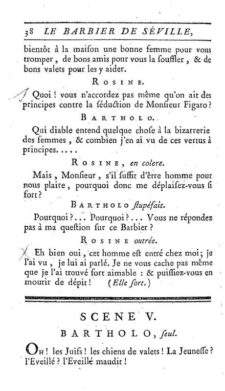 Barbier de Séville, ou la Précaution inutile (Le), comédie en quatre actes, par M. de Beaumarchais, représentée sur le théâtre de la Comédie Française le 23 février 1775 (avec une Lettre modérée sur la chute et la critique du Barbier de Séville)