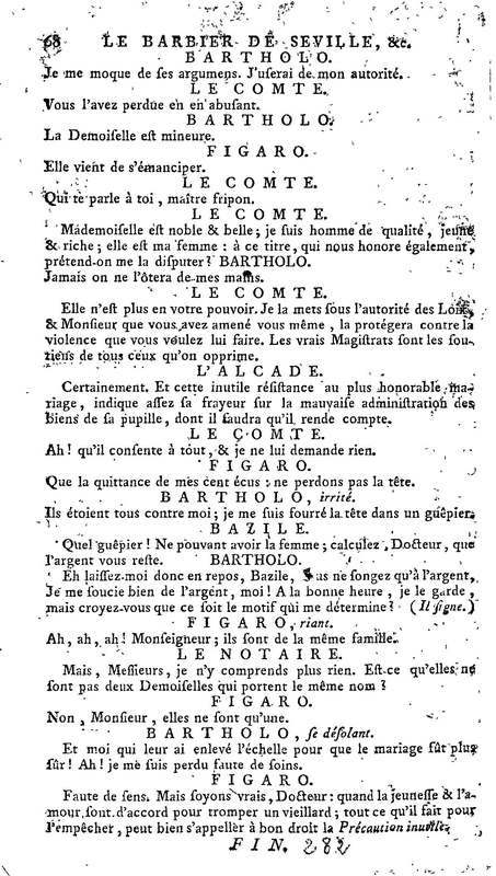 Barbier de Séville, ou la Précaution inutile (Le), comédie en quatre actes, par M. de Beaumarchais, représentée sur le théâtre de la Comédie Française le 23 février 1775 (avec une Lettre modérée sur la chute et la critique du Barbier de Séville)