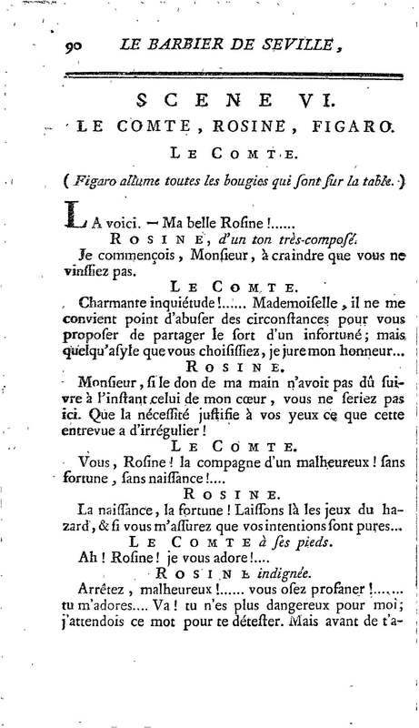 Barbier de Séville, ou la Précaution inutile (Le ), comédie en quatre actes, par M. de Beaumarchais, représentée sur le théâtre de la Comédie Française le 23 février 1775 (avec une Lettre modérée sur la chute et la critique du Barbier de Séville)