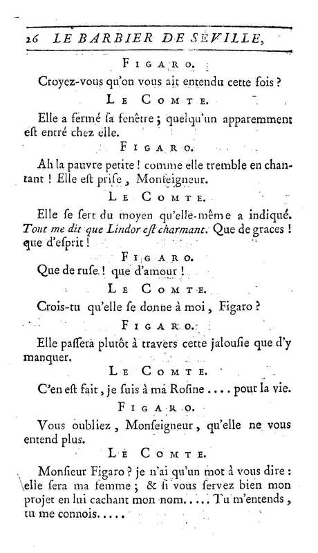 Barbier de Séville, ou la Précaution inutile (Le), comédie en quatre actes, par M. de Beaumarchais, représentée sur le théâtre de la Comédie Française le 23 février 1775 (avec une Lettre modérée sur la chute et la critique du Barbier de Séville)