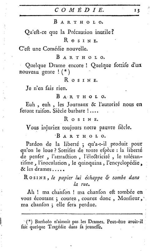Barbier de Séville, ou la Précaution inutile (Le), comédie en quatre actes, par M. de Beaumarchais, représentée sur le théâtre de la Comédie Française le 23 février 1775 (avec une Lettre modérée sur la chute et la critique du Barbier de Séville)