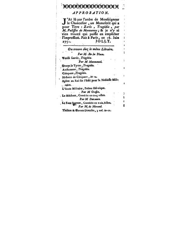 Zarès, tragédie, par M. Palissot de Montenoy, représentée pour la première fois par les Comédiens français, le 3 juin 1751