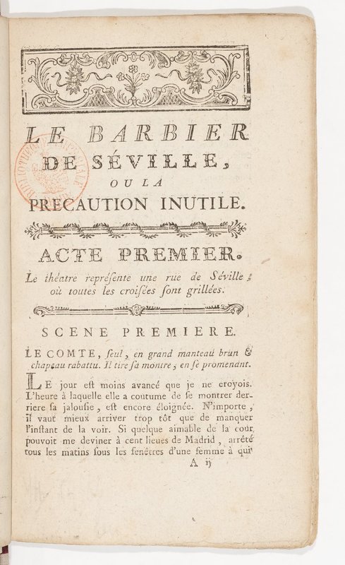 Barbier de Séville, ou la Précaution inutile (Le), comédie en quatre actes, par M. de Beaumarchais, représentée sur le théâtre de la Comédie Française le 23 février 1775 (avec une Lettre modérée sur la chute et la critique du Barbier de Séville) Barbier de Séville, ou la Précaution inutile (Le), comédie en quatre actes, par M. de Beaumarchais, représentée sur le théâtre de la Comédie Française le 23 février 1775 (avec une Lettre modérée sur la chute et la critique du Barbier de Séville)