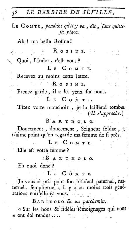 Barbier de Séville, ou la Précaution inutile (Le), comédie en quatre actes, par M. de Beaumarchais, représentée sur le théâtre de la Comédie Française le 23 février 1775 (avec une Lettre modérée sur la chute et la critique du Barbier de Séville)