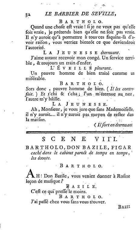 Barbier de Séville, ou la Précaution inutile (Le ), comédie en quatre actes, par M. de Beaumarchais, représentée sur le théâtre de la Comédie Française le 23 février 1775 (avec une Lettre modérée sur la chute et la critique du Barbier de Séville)