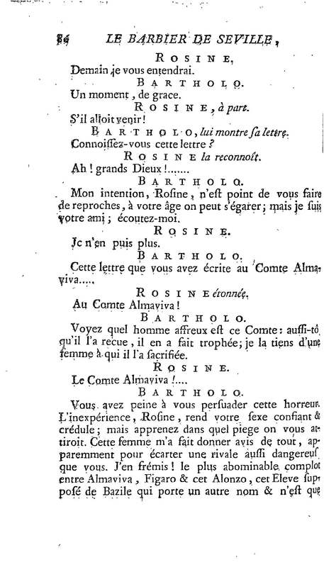 Barbier de Séville, ou la Précaution inutile (Le ), comédie en quatre actes, par M. de Beaumarchais, représentée sur le théâtre de la Comédie Française le 23 février 1775 (avec une Lettre modérée sur la chute et la critique du Barbier de Séville)