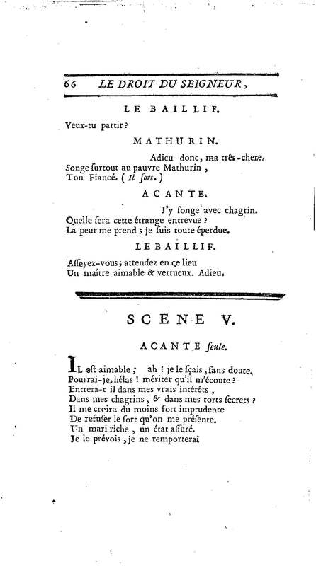 Droit du Seigneur (Le),comédie en vers par M. de Voltaire. Représentée pour la première fois, sous le titre de L'Écueil du sage, par les Comédiens françois ordinaires du Roi, le 18 janvier 1762,
