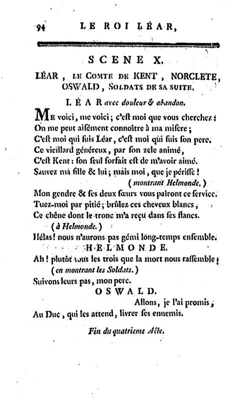 Roi Lear (Le), tragédie en cinq actes, par M. Ducis, représentée à Versailles le 16 janvier 1783 ; et à Paris, le 26 du même mois, par les Comédiens français Roi Lear (Le), tragédie en cinq actes, par M. Ducis, représentée à Versailles le 16 janvier 1783 ; et à Paris, le 26 du même mois, par les Comédiens français