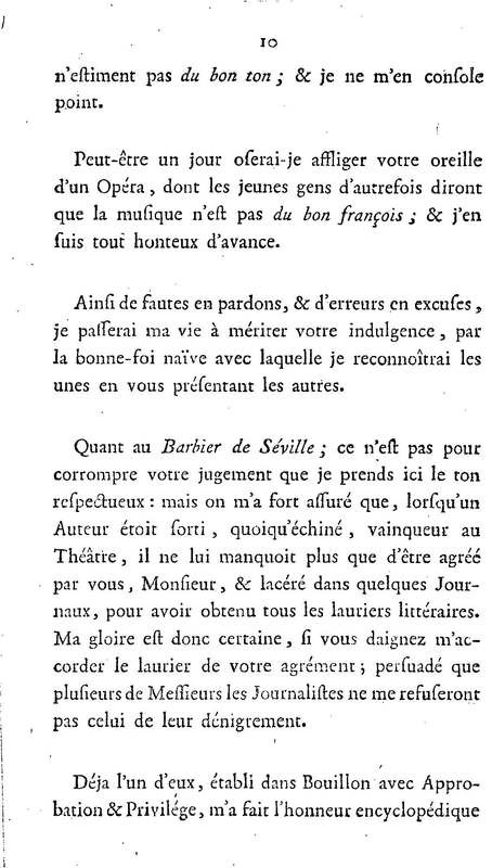 Barbier de Séville, ou la Précaution inutile (Le), comédie en quatre actes, par M. de Beaumarchais, représentée sur le théâtre de la Comédie Française le 23 février 1775 (avec une Lettre modérée sur la chute et la critique du Barbier de Séville)