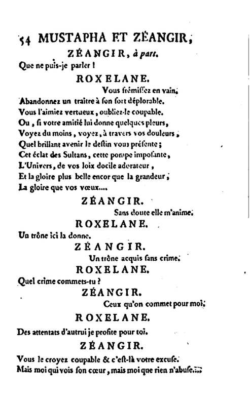 Mustapha et Zéangir, tragédie en cinq actes et en vers, représentée sur le théâtre de Fontainebleau, devant Leurs Majestés, le 1er novembre 1776 Mustapha et Zéangir, tragédie en cinq actes et en vers, représentée sur le théâtre de Fontainebleau, devant Leurs Majestés, le 1er novembre 1776