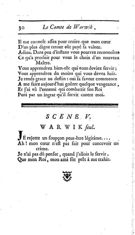 Comte de Warwik [sic] (Le), tragédie par M. de La Harpe, représentée pour la première fois par les Comédiens françois ordinaires du Roi, le 7 novembre 1763