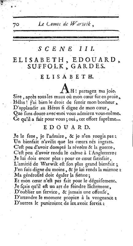 Comte de Warwik [sic] (Le), tragédie par M. de La Harpe, représentée pour la première fois par les Comédiens françois ordinaires du Roi, le 7 novembre 1763