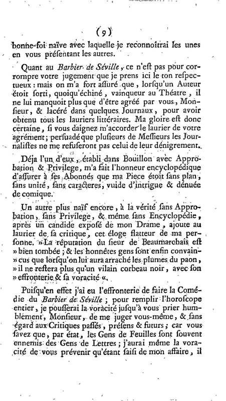 Barbier de Séville, ou la Précaution inutile (Le ), comédie en quatre actes, par M. de Beaumarchais, représentée sur le théâtre de la Comédie Française le 23 février 1775 (avec une Lettre modérée sur la chute et la critique du Barbier de Séville)