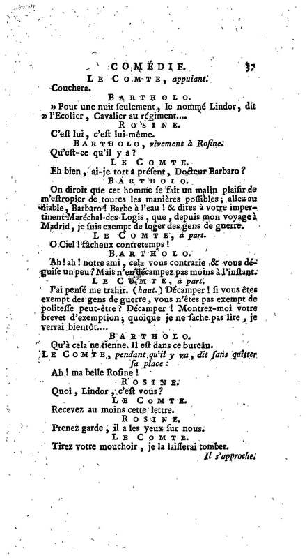 Barbier de Séville, ou la Précaution inutile (Le), comédie en quatre actes, par M. de Beaumarchais, représentée sur le théâtre de la Comédie Française le 23 février 1775 (avec une Lettre modérée sur la chute et la critique du Barbier de Séville)