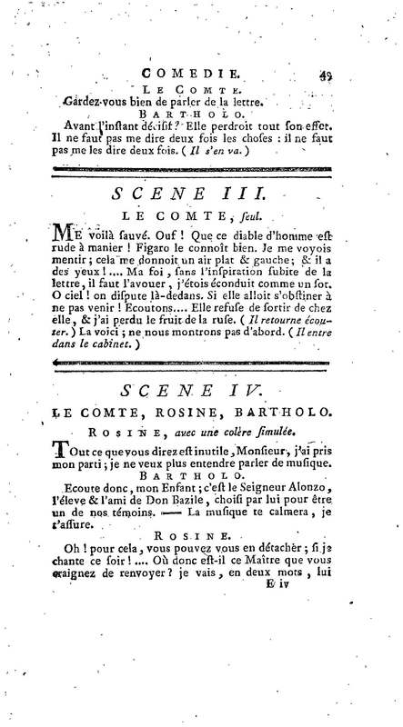 Barbier de Séville, ou la Précaution inutile (Le), comédie en quatre actes, par M. de Beaumarchais, représentée sur le théâtre de la Comédie Française le 23 février 1775 (avec une Lettre modérée sur la chute et la critique du Barbier de Séville)