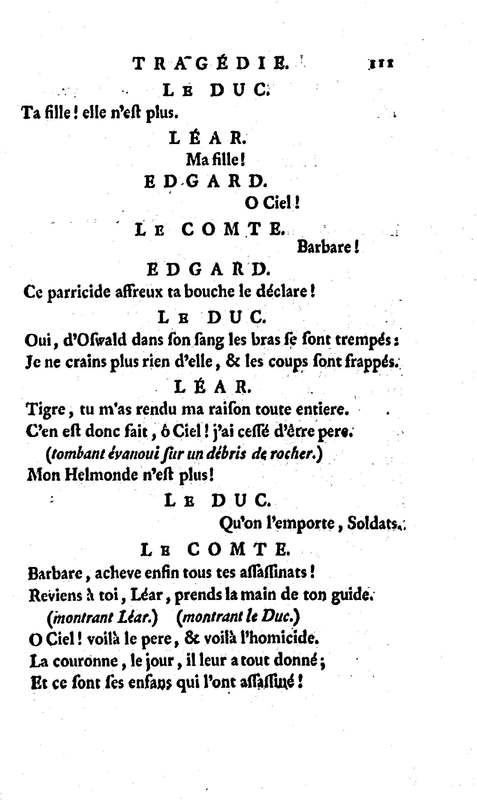 Roi Lear (Le), tragédie en cinq actes, par M. Ducis, représentée à Versailles le 16 janvier 1783 ; et à Paris, le 26 du même mois, par les Comédiens français