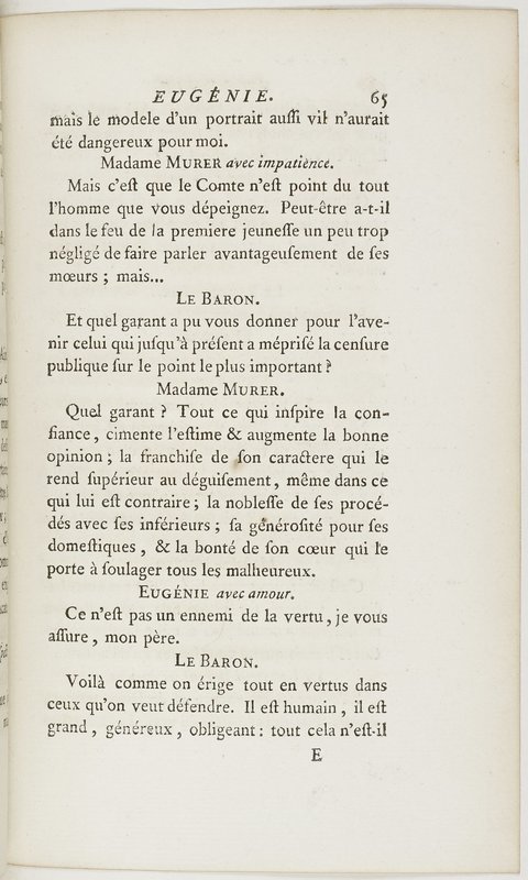 Eugénie, drame en cinq actes en prose, enrichi de figures en taille-douce ; avec un Essai sur le drame sérieux