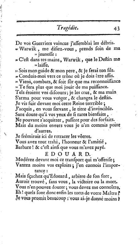Comte de Warwik [sic] (Le), tragédie par M. de La Harpe, représentée pour la première fois par les Comédiens françois ordinaires du Roi, le 7 novembre 1763