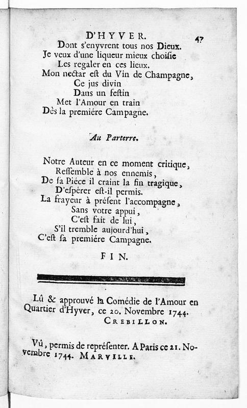Quartier d'hyver (Le), comédie en un acte et en vers, représentée pour la première fois par les Comédiens françois ordinaires du Roi, le 4 décembre 1744 Quartier d'hyver (Le), comédie en un acte et en vers, représentée pour la première fois par les Comédiens françois ordinaires du Roi, le 4 décembre 1744