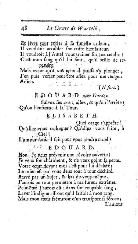 Comte de Warwik [sic] (Le), tragédie par M. de La Harpe, représentée pour la première fois par les Comédiens françois ordinaires du Roi, le 7 novembre 1763