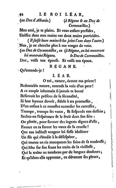 Roi Lear (Le), tragédie en cinq actes, par M. Ducis, représentée à Versailles le 16 janvier 1783 ; et à Paris, le 26 du même mois, par les Comédiens français Roi Lear (Le), tragédie en cinq actes, par M. Ducis, représentée à Versailles le 16 janvier 1783 ; et à Paris, le 26 du même mois, par les Comédiens français