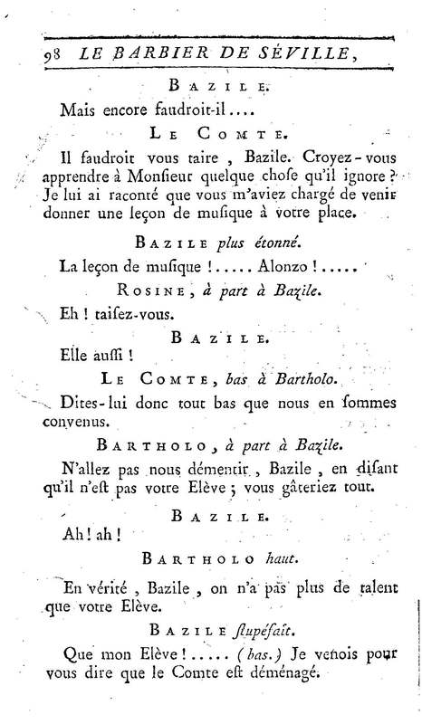 Barbier de Séville, ou la Précaution inutile (Le), comédie en quatre actes, par M. de Beaumarchais, représentée sur le théâtre de la Comédie Française le 23 février 1775 (avec une Lettre modérée sur la chute et la critique du Barbier de Séville)