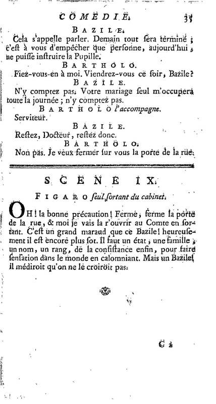 Barbier de Séville, ou la Précaution inutile (Le ), comédie en quatre actes, par M. de Beaumarchais, représentée sur le théâtre de la Comédie Française le 23 février 1775 (avec une Lettre modérée sur la chute et la critique du Barbier de Séville)