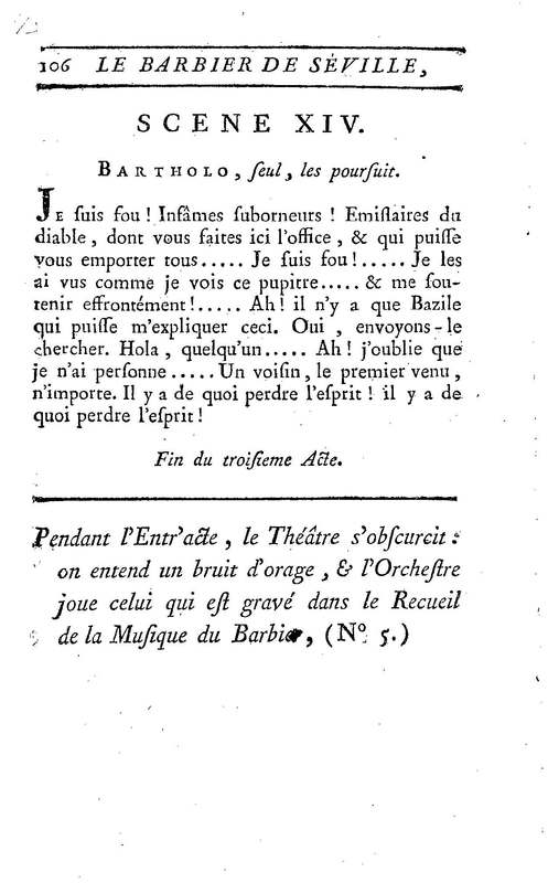 Barbier de Séville, ou la Précaution inutile (Le), comédie en quatre actes, par M. de Beaumarchais, représentée sur le théâtre de la Comédie Française le 23 février 1775 (avec une Lettre modérée sur la chute et la critique du Barbier de Séville)
