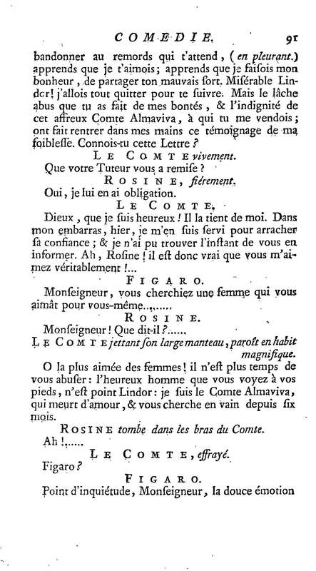Barbier de Séville, ou la Précaution inutile (Le ), comédie en quatre actes, par M. de Beaumarchais, représentée sur le théâtre de la Comédie Française le 23 février 1775 (avec une Lettre modérée sur la chute et la critique du Barbier de Séville)