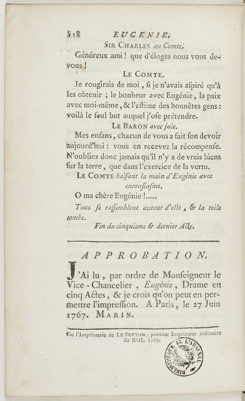 Eugénie, drame en cinq actes en prose, enrichi de figures en taille-douce ; avec un Essai sur le drame sérieux