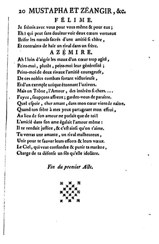 Mustapha et Zéangir, tragédie en cinq actes et en vers, représentée sur le théâtre de Fontainebleau, devant Leurs Majestés, le 1er novembre 1776 Mustapha et Zéangir, tragédie en cinq actes et en vers, représentée sur le théâtre de Fontainebleau, devant Leurs Majestés, le 1er novembre 1776