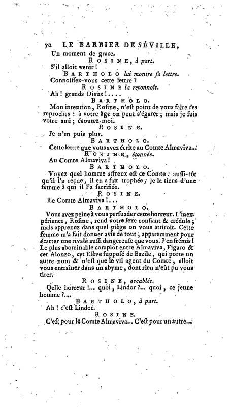 Barbier de Séville, ou la Précaution inutile (Le), comédie en quatre actes, par M. de Beaumarchais, représentée sur le théâtre de la Comédie Française le 23 février 1775 (avec une Lettre modérée sur la chute et la critique du Barbier de Séville)
