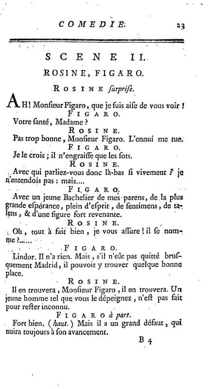 Barbier de Séville, ou la Précaution inutile (Le ), comédie en quatre actes, par M. de Beaumarchais, représentée sur le théâtre de la Comédie Française le 23 février 1775 (avec une Lettre modérée sur la chute et la critique du Barbier de Séville)