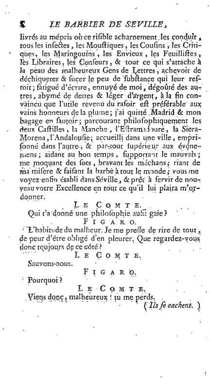 Barbier de Séville, ou la Précaution inutile (Le ), comédie en quatre actes, par M. de Beaumarchais, représentée sur le théâtre de la Comédie Française le 23 février 1775 (avec une Lettre modérée sur la chute et la critique du Barbier de Séville) Barbier de Séville, ou la Précaution inutile (Le ), comédie en quatre actes, par M. de Beaumarchais, représentée sur le théâtre de la Comédie Française le 23 février 1775 (avec une Lettre modérée sur la chute et la critique du Barbier de Séville)