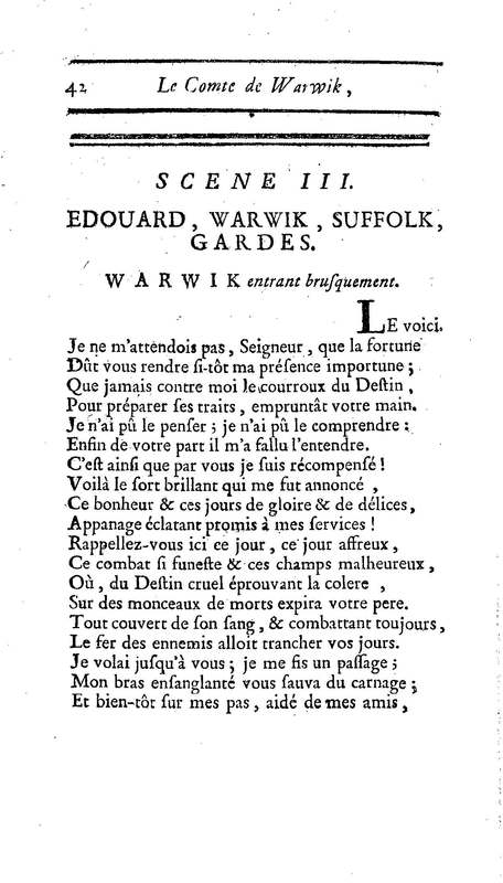 Comte de Warwik [sic] (Le), tragédie par M. de La Harpe, représentée pour la première fois par les Comédiens françois ordinaires du Roi, le 7 novembre 1763