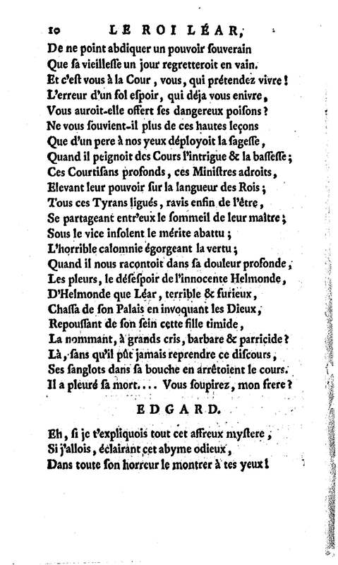Roi Lear (Le), tragédie en cinq actes, par M. Ducis, représentée à Versailles le 16 janvier 1783 ; et à Paris, le 26 du même mois, par les Comédiens français Roi Lear (Le), tragédie en cinq actes, par M. Ducis, représentée à Versailles le 16 janvier 1783 ; et à Paris, le 26 du même mois, par les Comédiens français