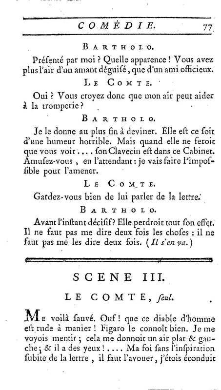 Barbier de Séville, ou la Précaution inutile (Le), comédie en quatre actes, par M. de Beaumarchais, représentée sur le théâtre de la Comédie Française le 23 février 1775 (avec une Lettre modérée sur la chute et la critique du Barbier de Séville)