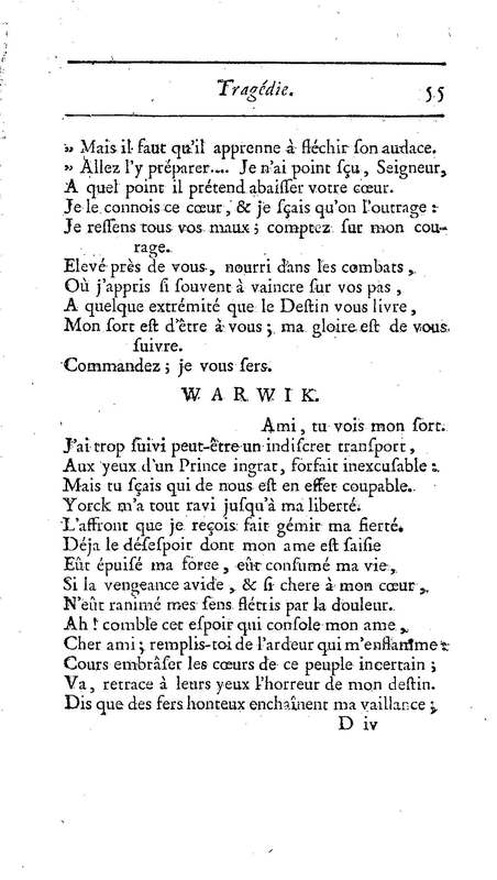 Comte de Warwik [sic] (Le), tragédie par M. de La Harpe, représentée pour la première fois par les Comédiens françois ordinaires du Roi, le 7 novembre 1763