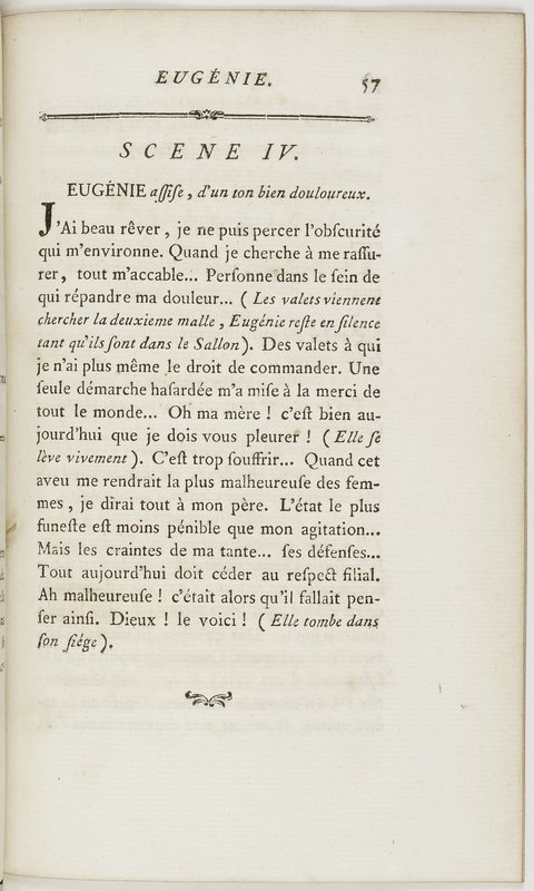 Eugénie, drame en cinq actes en prose, enrichi de figures en taille-douce ; avec un Essai sur le drame sérieux Eugénie, drame en cinq actes en prose, enrichi de figures en taille-douce ; avec un Essai sur le drame sérieux